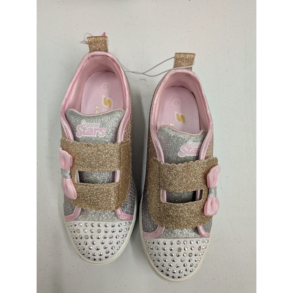 Crystal Stars Girls Glitter Sneakers Pink Gold Rhinestone Hook & Loop Shoes Siz1